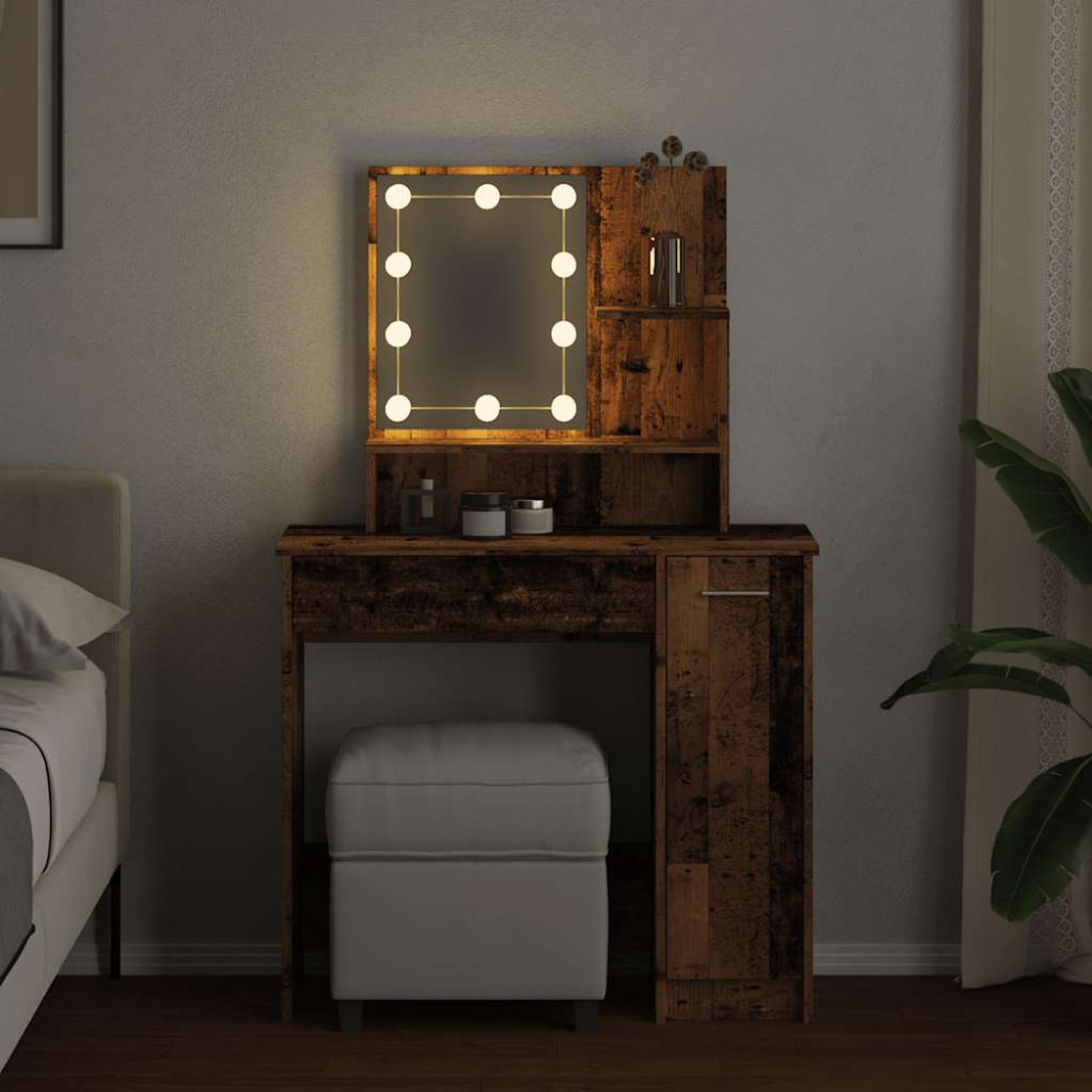 Produktbild för Sminkbord med LED åldrat trä 86,5x35x136 cm