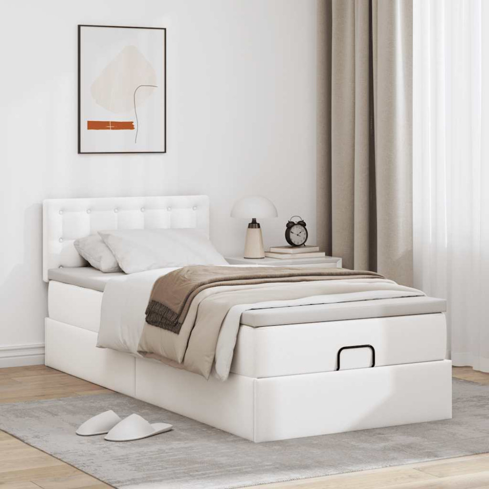 Produktbild för Ottoman säng med madrass vit 100x200 cm konstläder
