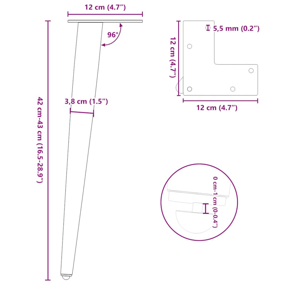 Produktbild för Soffbordsben koniska 4 st vita 42-43 cm stål