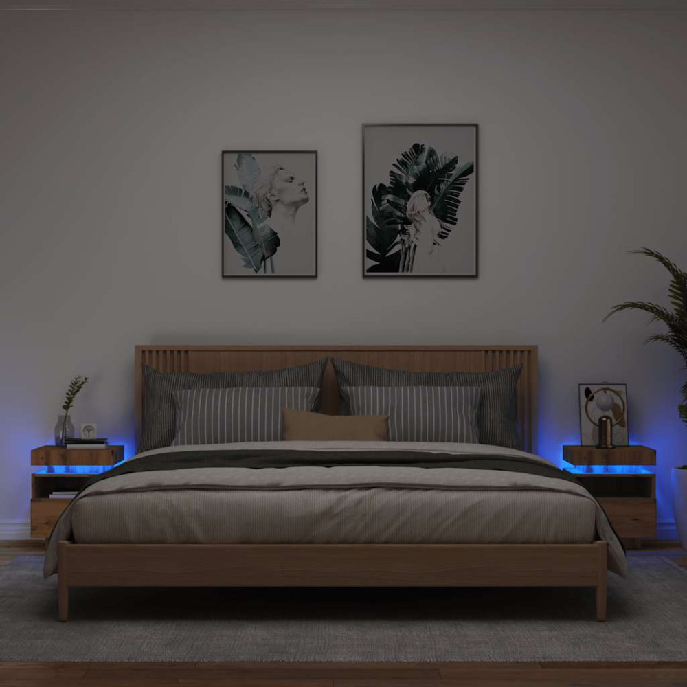 Produktbild för Sängbord med LED-belysning 2 st artisan ek 40x39x48,5 cm