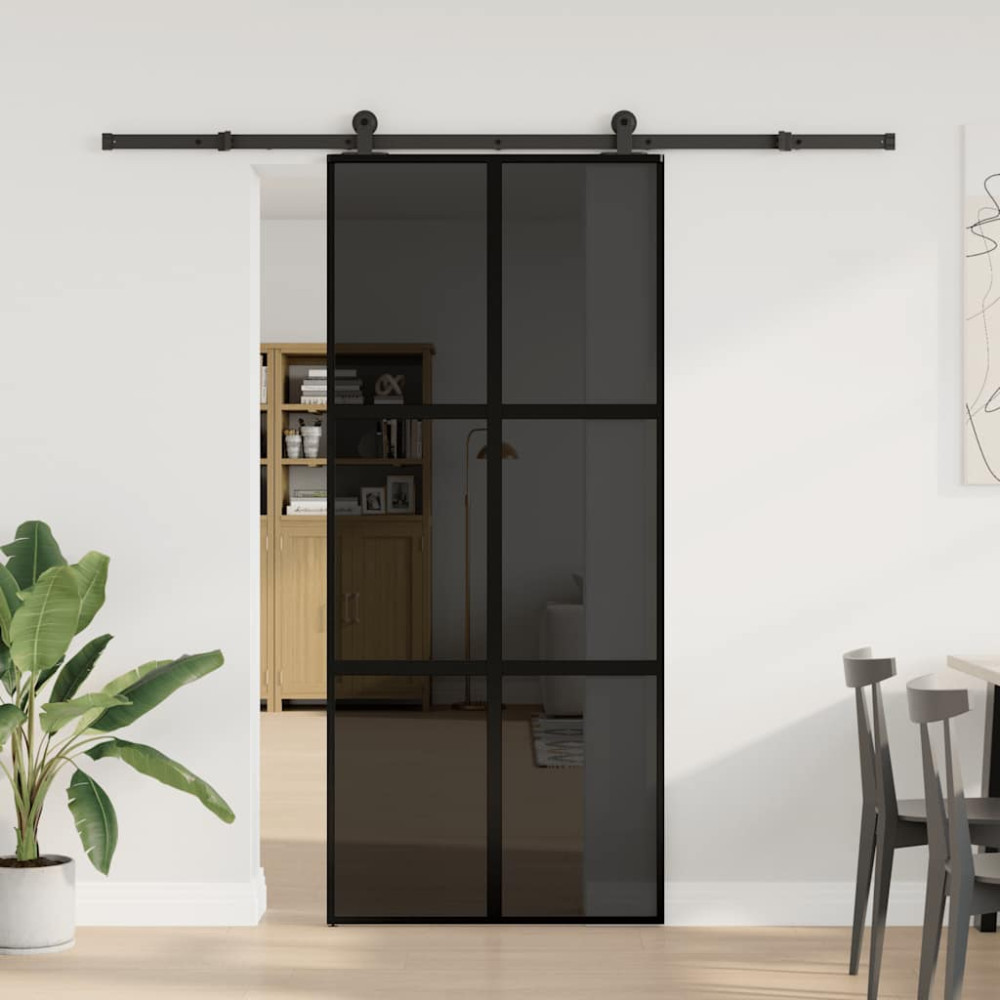 Produktbild för Skjutdörr med beslagset härdat glas och aluminium 90x205 cm