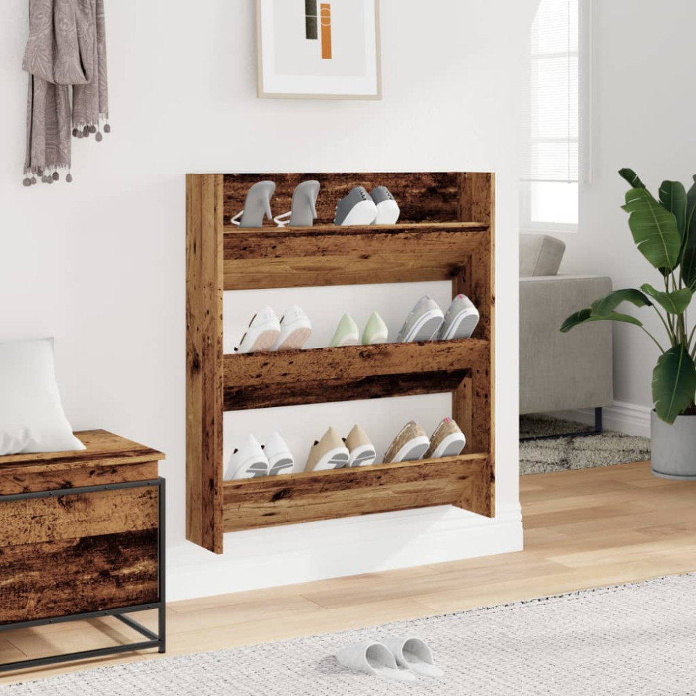 Produktbild för Väggmonterat skoställ åldrat trä 80x18x90 cm konstruerat trä