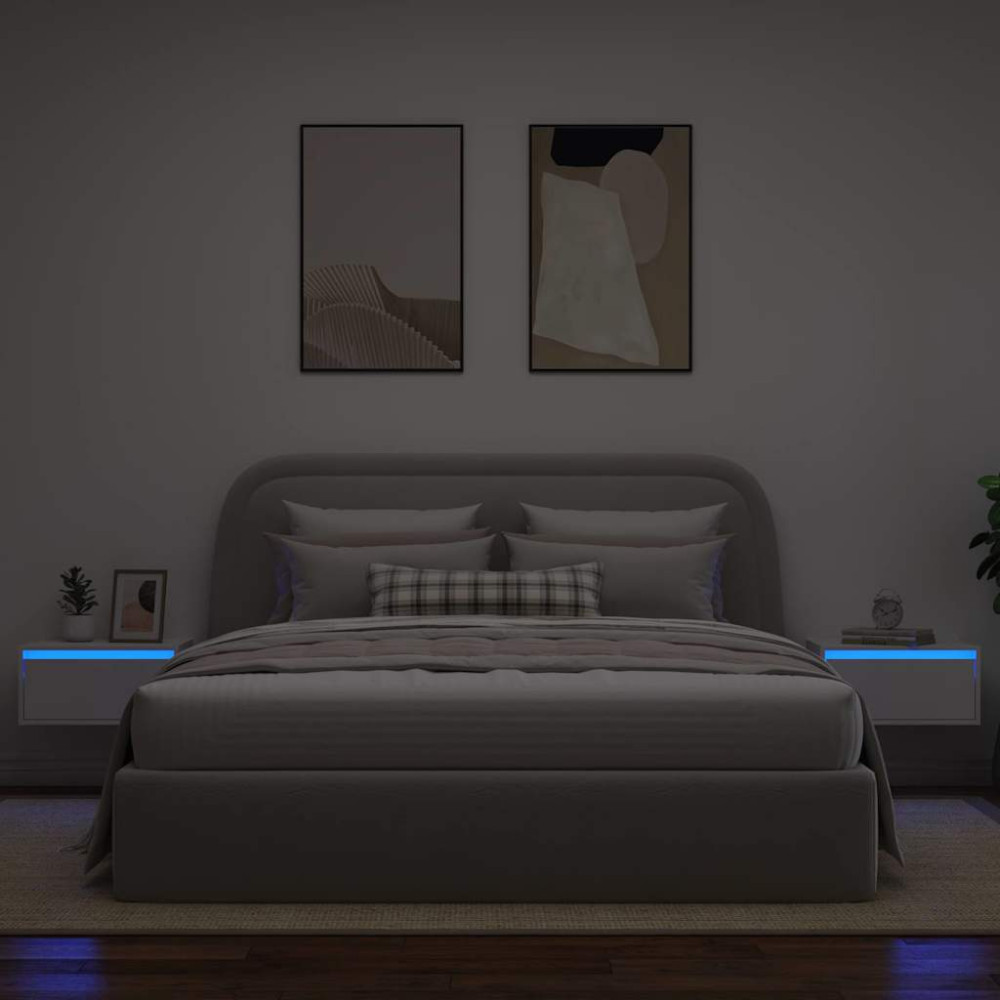 Produktbild för Väggmonterade sängbord med LED-lampor 2 st vit