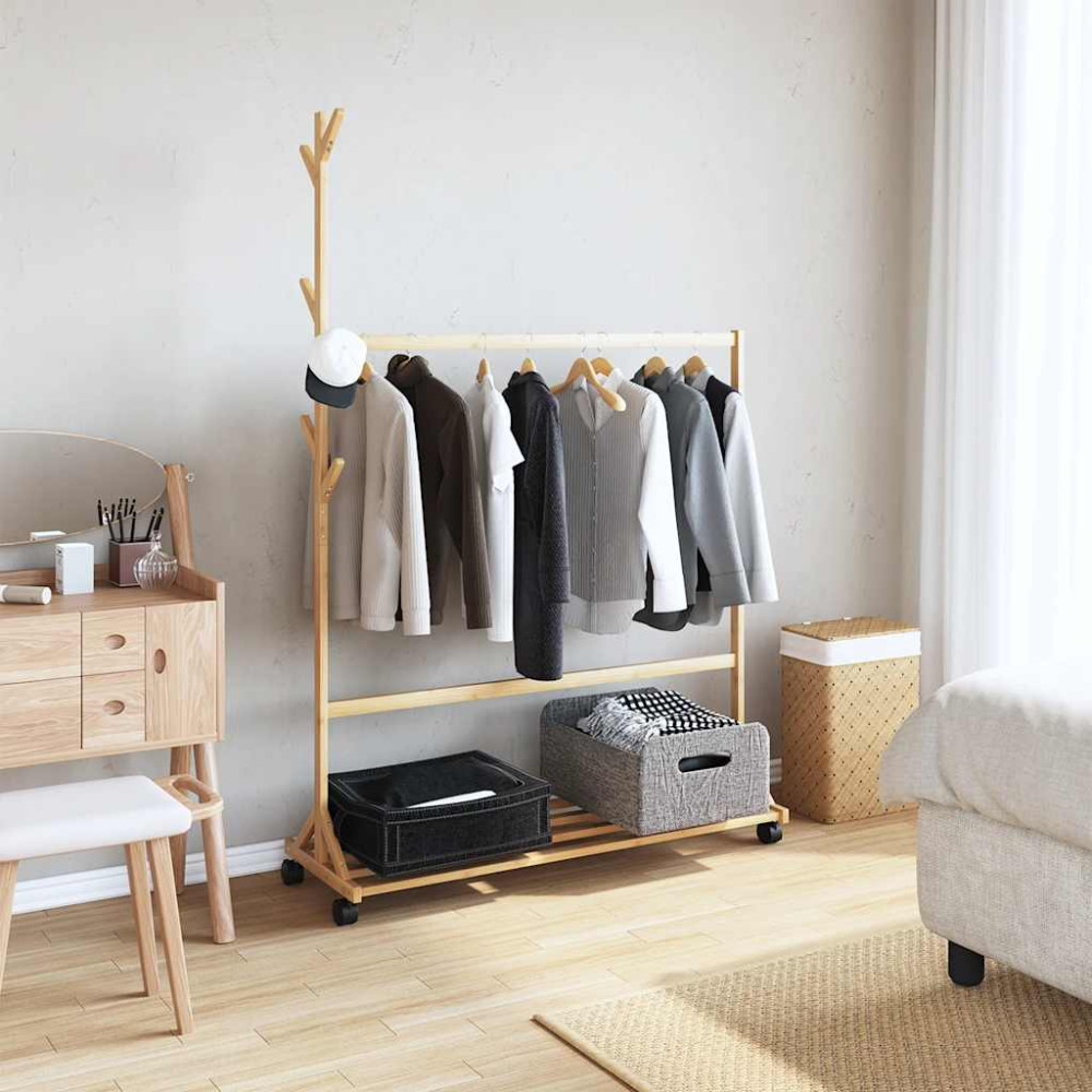 Produktbild för Klädställ med krokar och hjul 100x35x157 cm bambu
