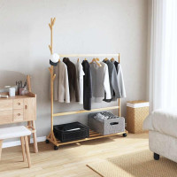 Produktbild för Klädställ med krokar och hjul 100x35x157 cm bambu