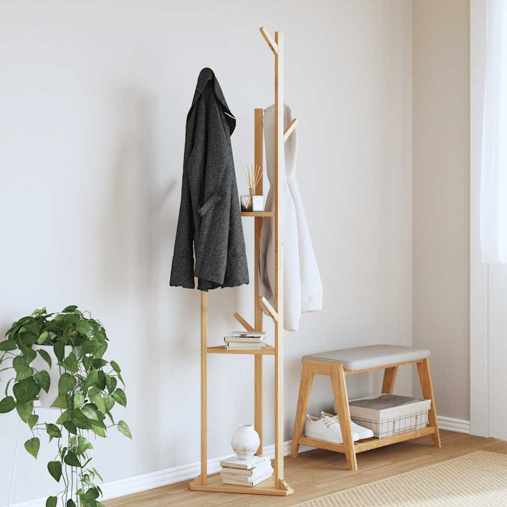 Produktbild för Klädhängare med krokar och hyllor 39x33x166 cm bambu
