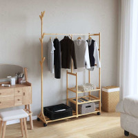 Produktbild för Klädställ med hyllor och hjul 100x38x175,5 cm bambu