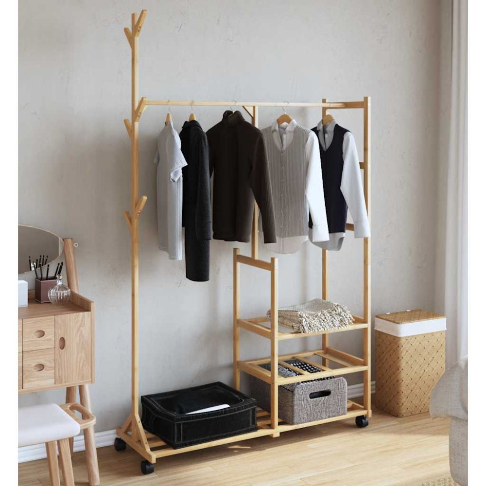 Produktbild för Klädställ med hyllor och hjul 100x38x175,5 cm bambu