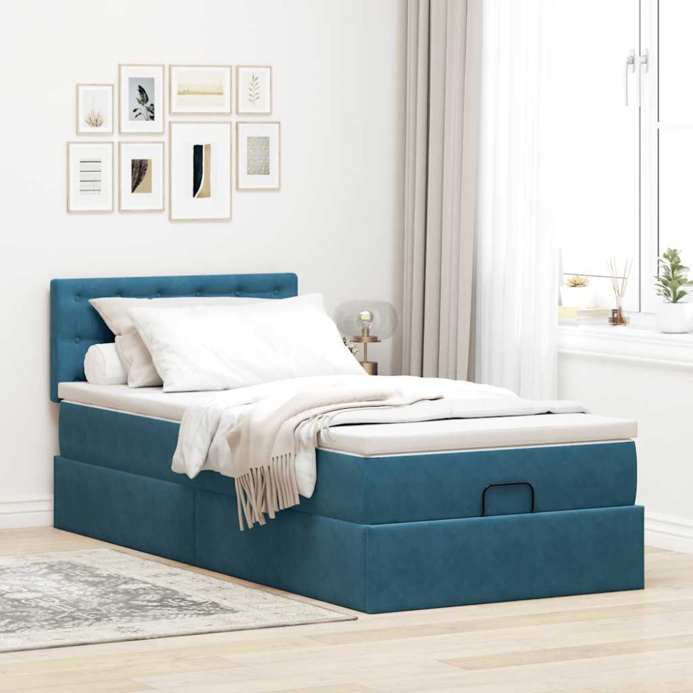 Produktbild för Ottoman sängram med madrass mörkblå 90x190 cm sammet