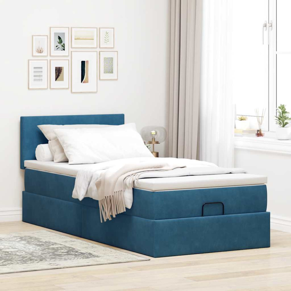 Produktbild för Ottoman sängram med madrass mörkblå 90x200 cm sammet