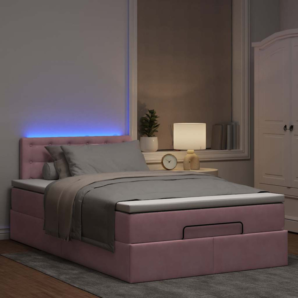 Produktbild för Ottomansk säng med madrass och LED-lampor rosa 120x190cm sammet