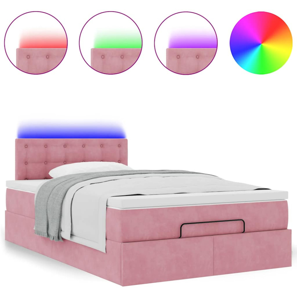 Produktbild för Ottomansk säng med madrass och LED-lampor rosa 120x190cm sammet