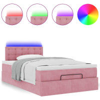 Produktbild för Ottomansk säng med madrass och LED-lampor rosa 120x190cm sammet