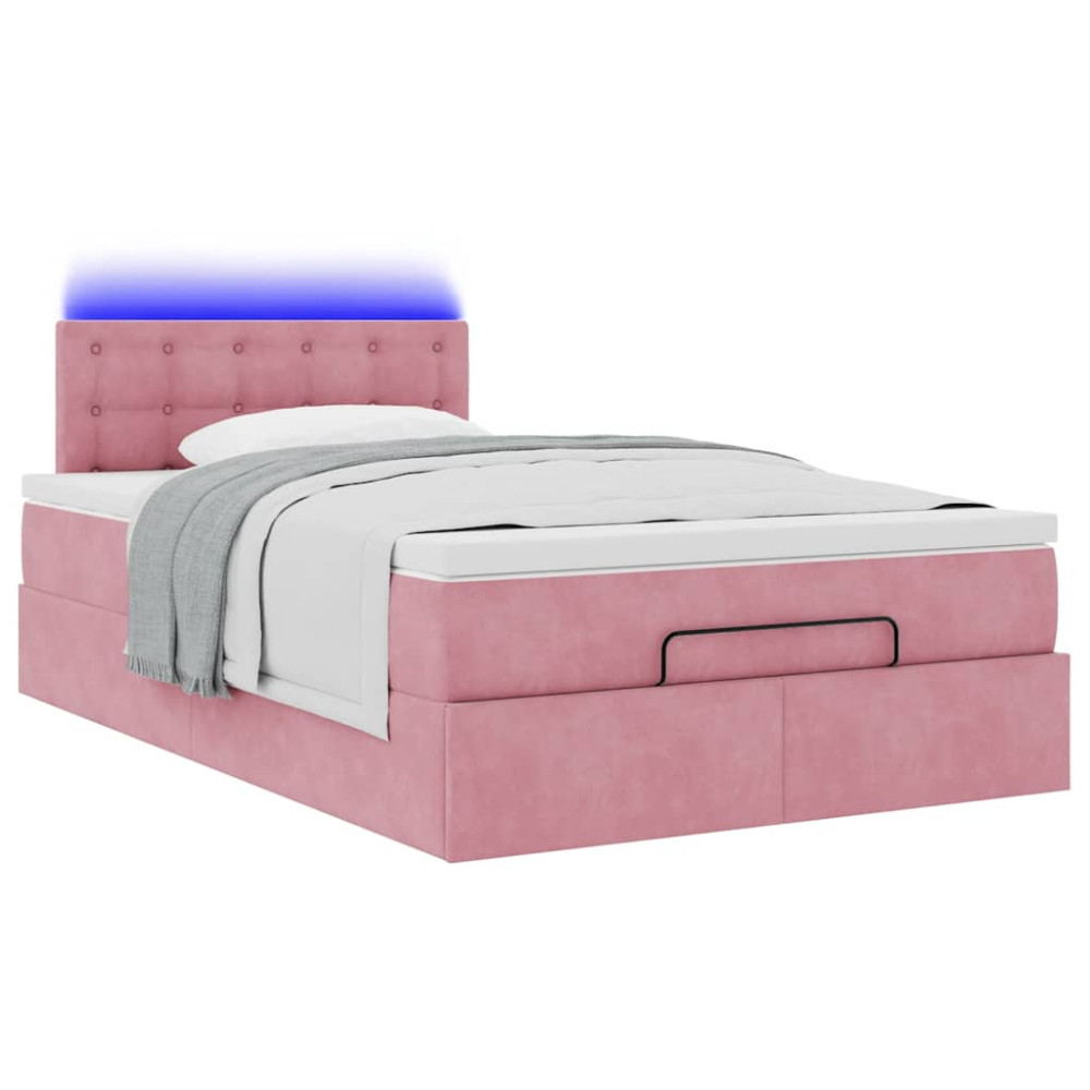 Produktbild för Ottomansk säng med madrass och LED-lampor rosa 120x190cm sammet