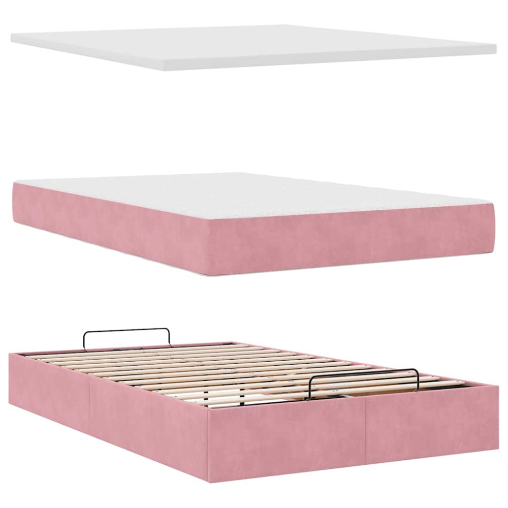 Produktbild för Ottomansk säng med madrass och LED-lampor rosa 120x190cm sammet