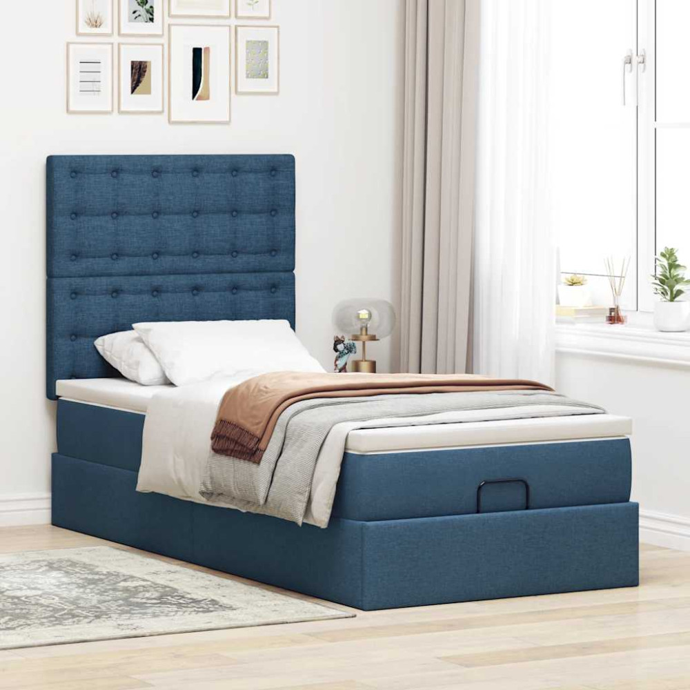Produktbild för Ottoman sängram med madrass blå 90x190 cm tyg
