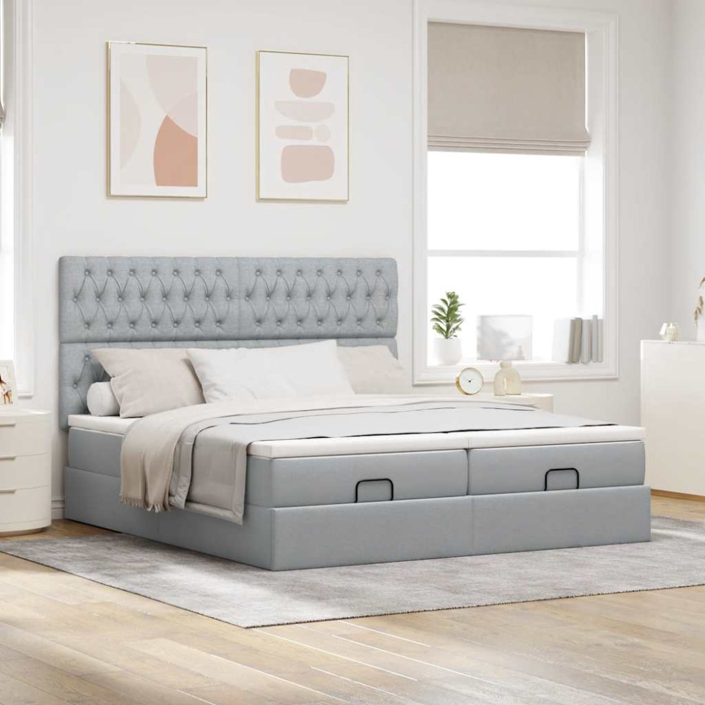 Produktbild för Ottoman sängram med madrasser ljusgrå 200x200 cm tyg