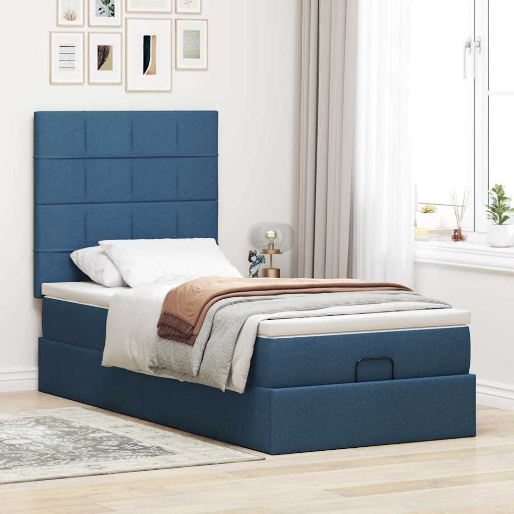 Produktbild för Ottoman sängram med madrass blå 90x190 cm tyg