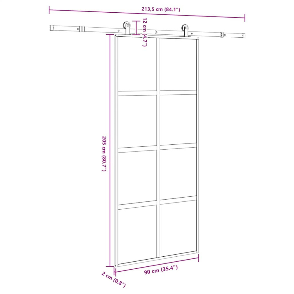 Produktbild för Skjutdörr med beslagset härdat glas och aluminium 90x205 cm