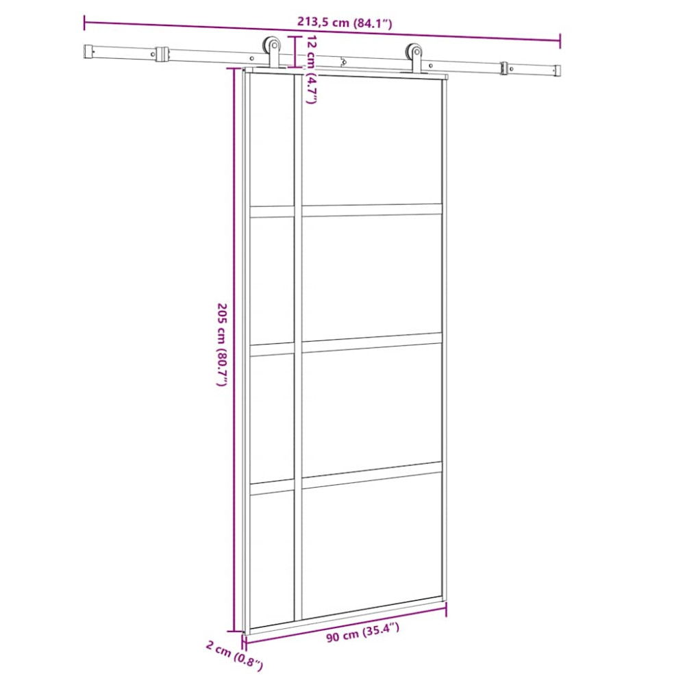 Produktbild för Skjutdörr med beslagset härdat glas och aluminium 90x205 cm