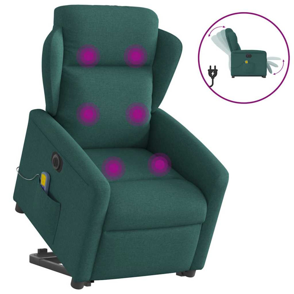 Produktbild för Elektrisk massagefåtölj med uppresningshjälp mörkgrön tyg