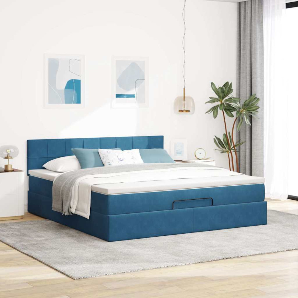 Produktbild för Ottoman sängram med madrass mörkblå 160x200 cm sammet