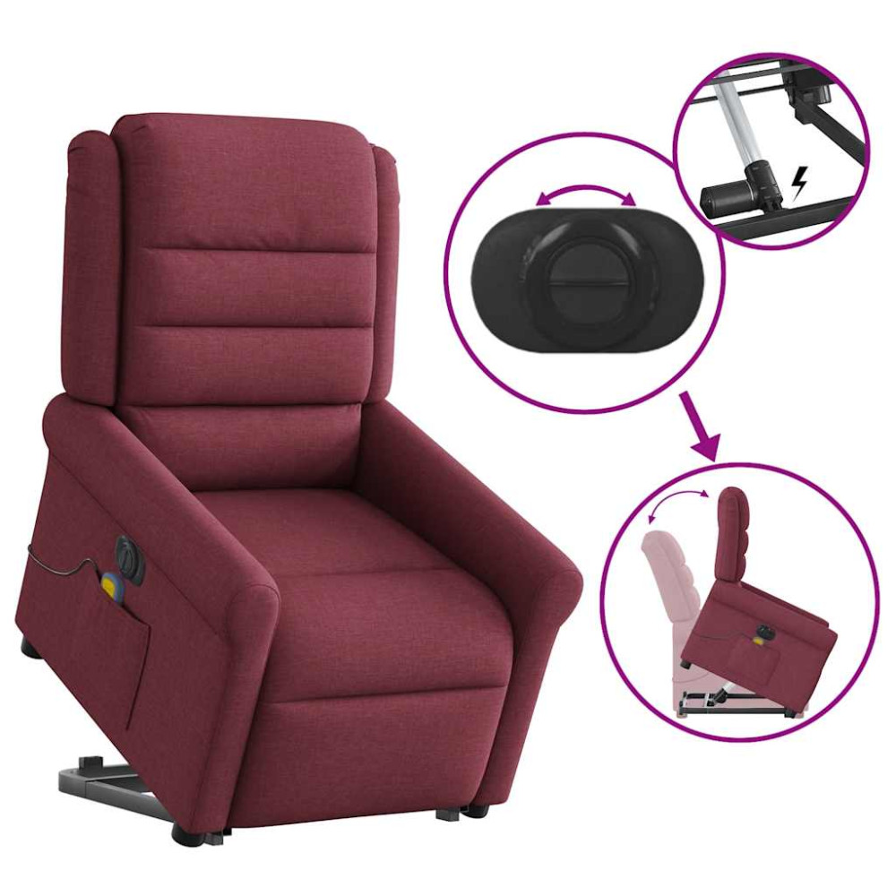 Produktbild för Elektrisk massagefåtölj med uppresningshjälp vinröd tyg