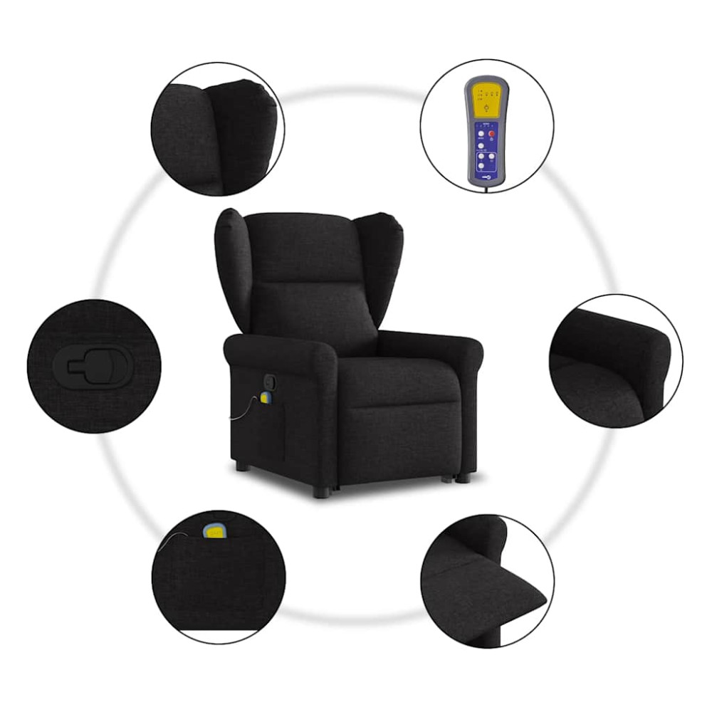 Produktbild för Massagefåtölj med uppresningshjälp svart tyg