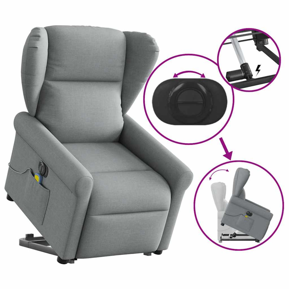 Produktbild för Elektrisk massagefåtölj med uppresningshjälp ljusgrå tyg
