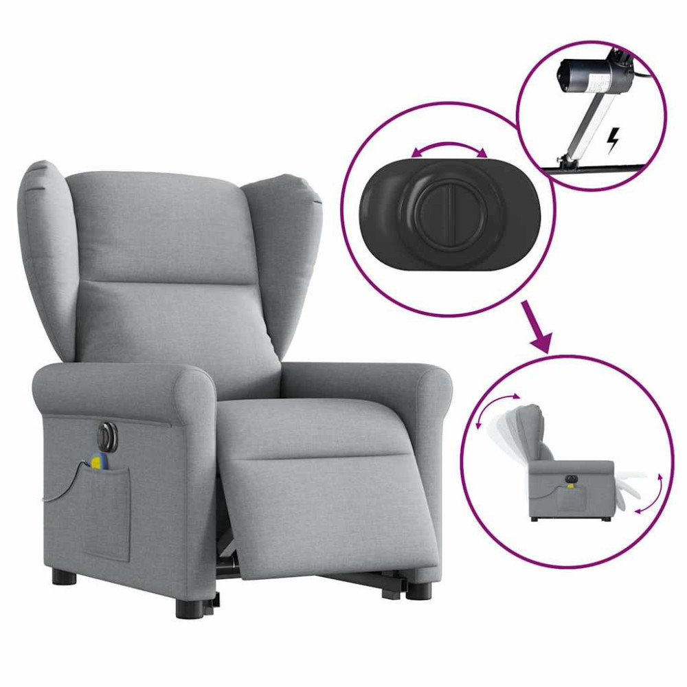 Produktbild för Elektrisk massagefåtölj med uppresningshjälp ljusgrå tyg