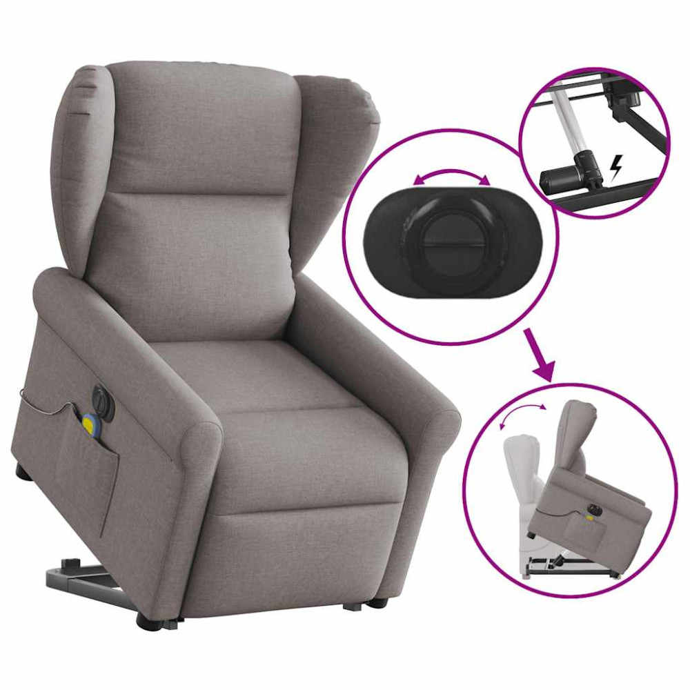 Produktbild för Elektrisk massagefåtölj med uppresningshjälp taupe tyg