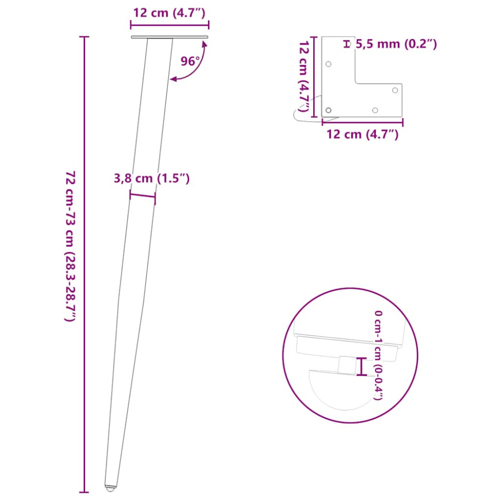 Produktbild för Konsolbordsben koniska 4 st naturstål 72-73 cm stål