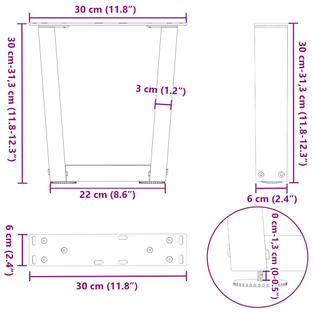 Produktbild för Soffbordsben V-formade 2 st svarta 30x(30-31,3) cm stål