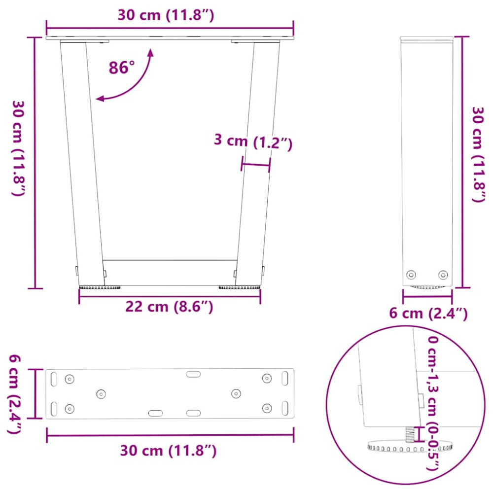Produktbild för Soffbordsben V-formade 2 st vita 30x(30-31,3) cm stål