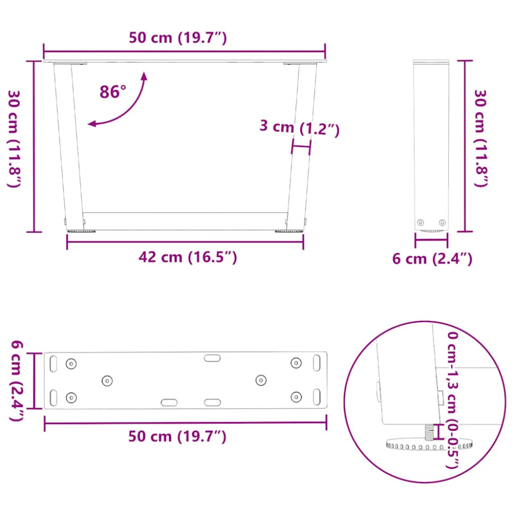 Produktbild för Soffbordsben V-formade 2 st svarta 50x(30-31,3) cm stål