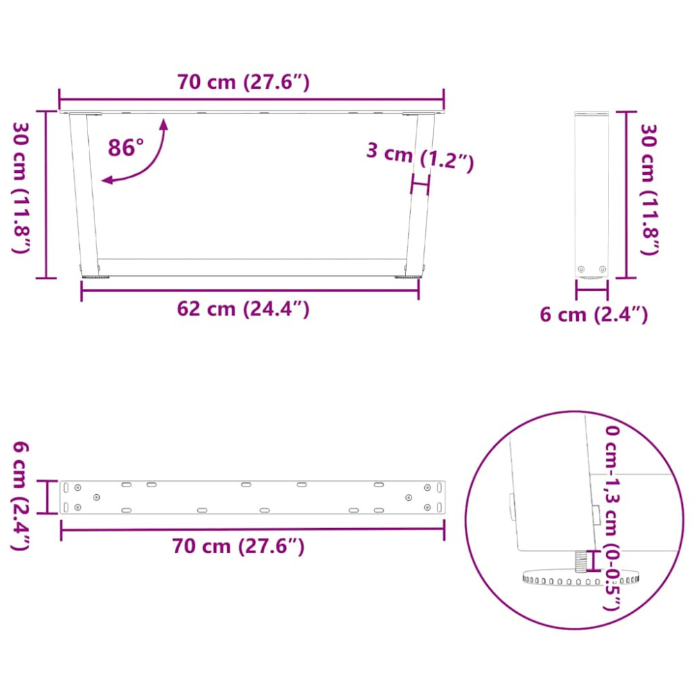 Produktbild för Soffbordsben V-formade 2 st svarta 70x(30-31,3) cm stål