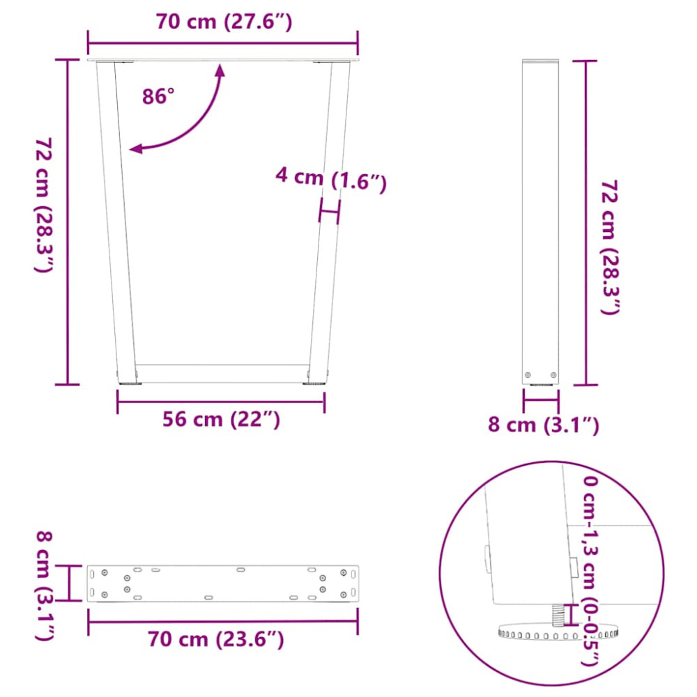 Produktbild för Matbordsben V-formade 2 st antracit 70x(72-73,3) cm stål