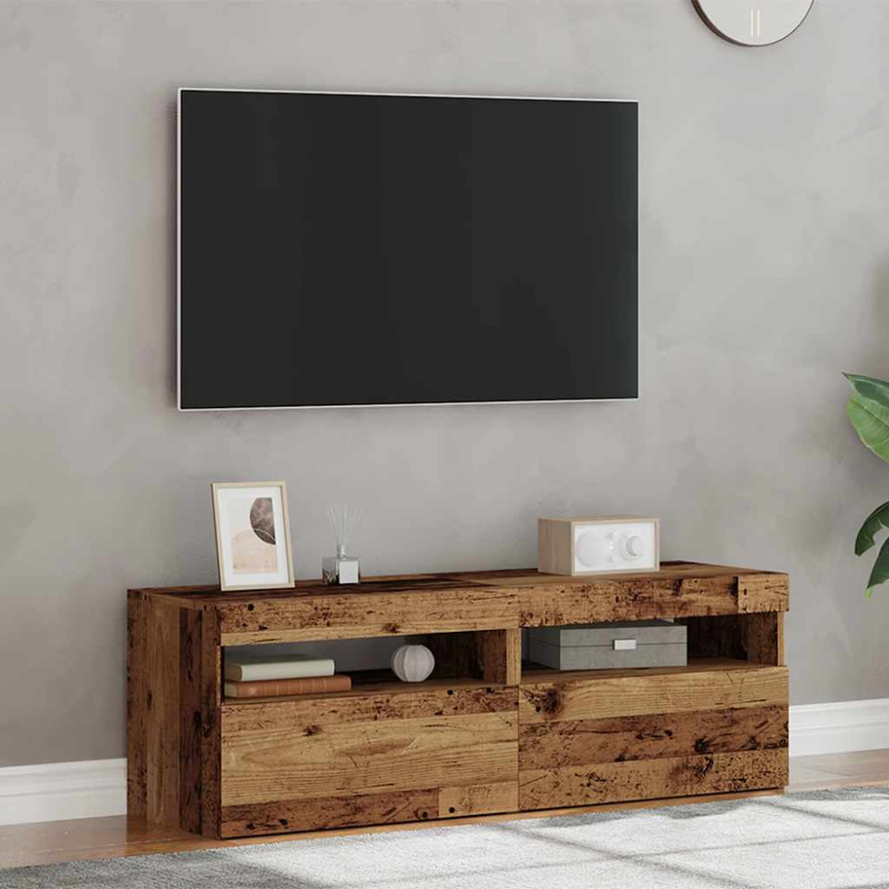 Produktbild för TV-bänk med LED-belysning 2 st åldrat trä konstruerat trä