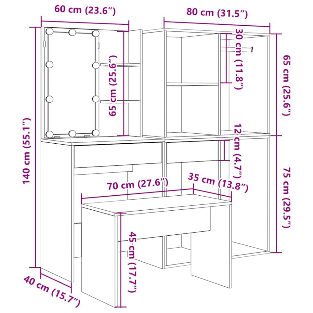 Produktbild för Sminkbordsset med LED Artisan ek konstruerat trä