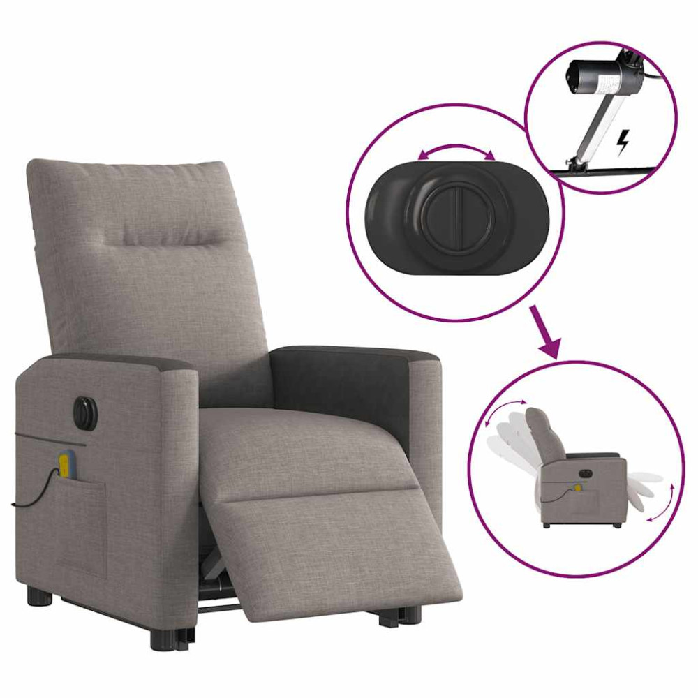 Produktbild för Elektrisk massagefåtölj med uppresningshjälp taupe tyg