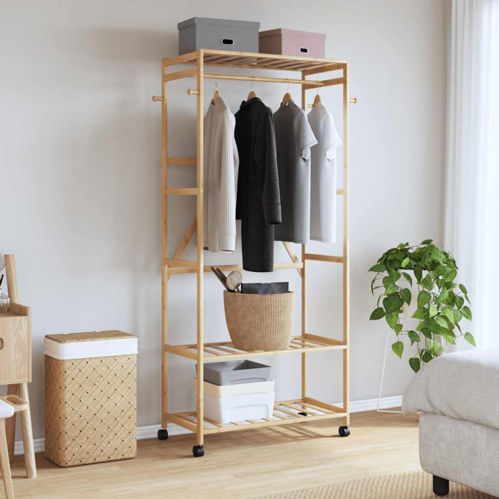 Produktbild för Klädställ med hyllor och hjul 90x40x179,5 cm bambu