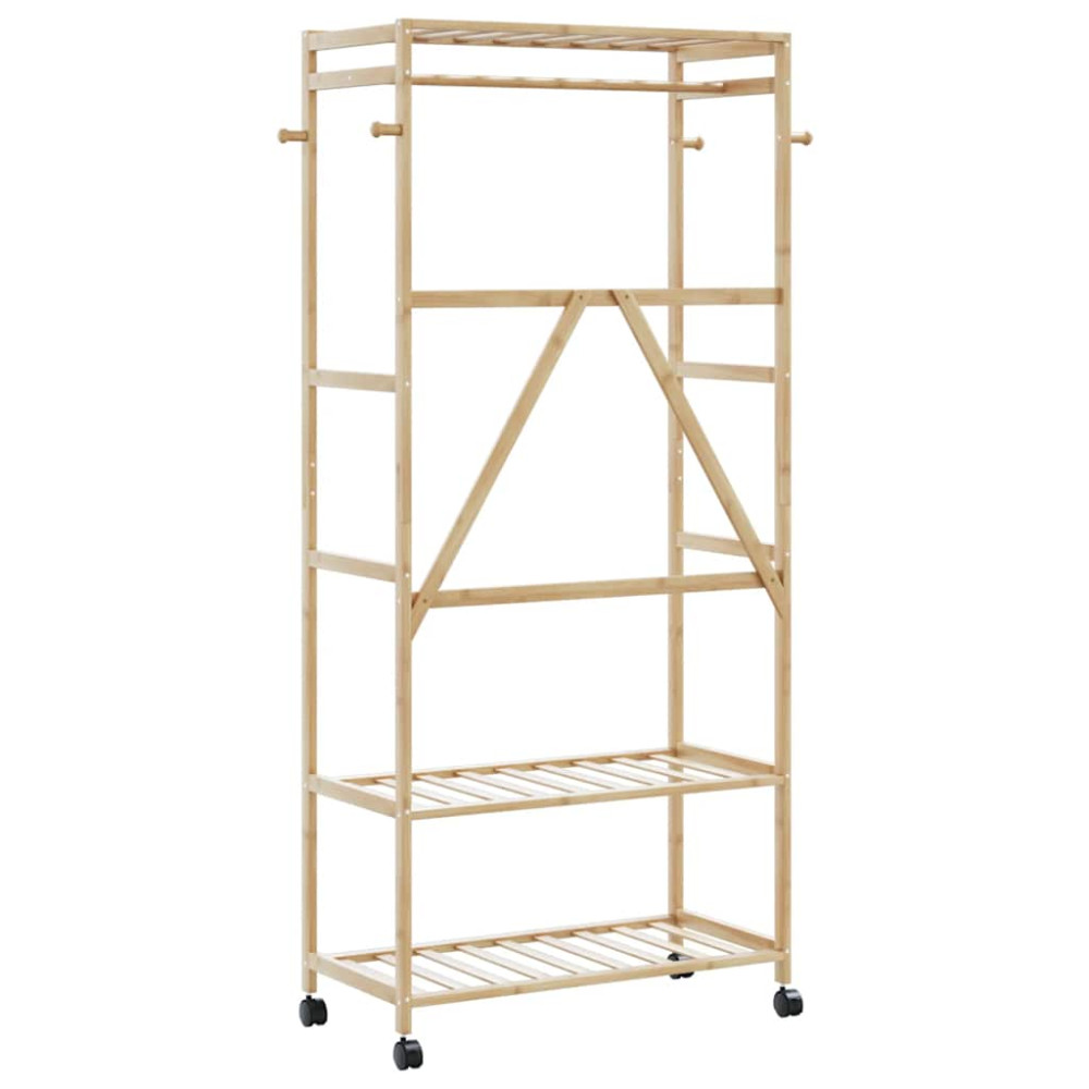 Produktbild för Klädställ med hyllor och hjul 90x40x179,5 cm bambu