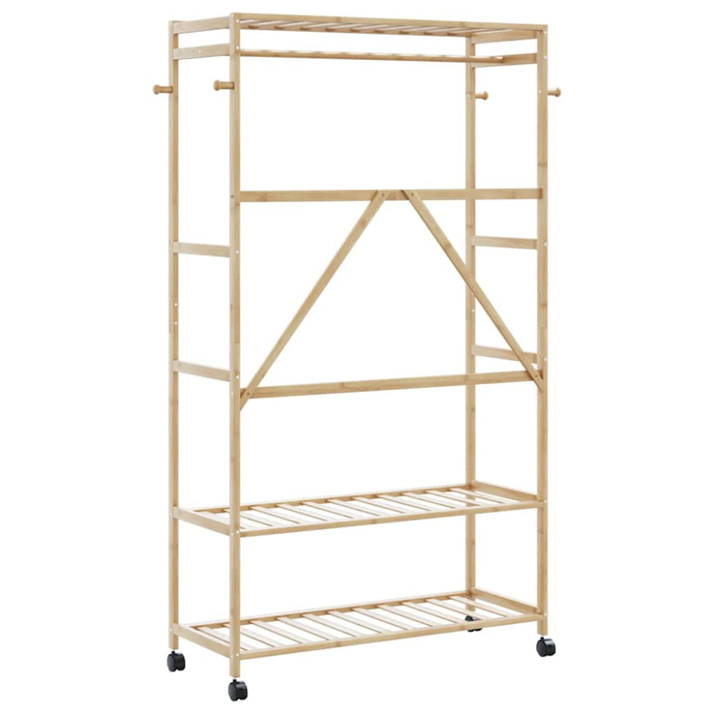 Produktbild för Klädställ med hyllor och hjul 110x40x180 cm bambu