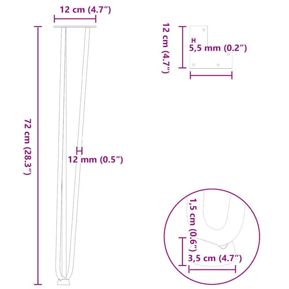 Produktbild för hårnålsben för konsolbord för konsolbord 4 st naturstål 72 cm massivt stål