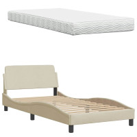 Produktbild för Bed with Mattress "Hanko" Cream 100x200 cm Fabric