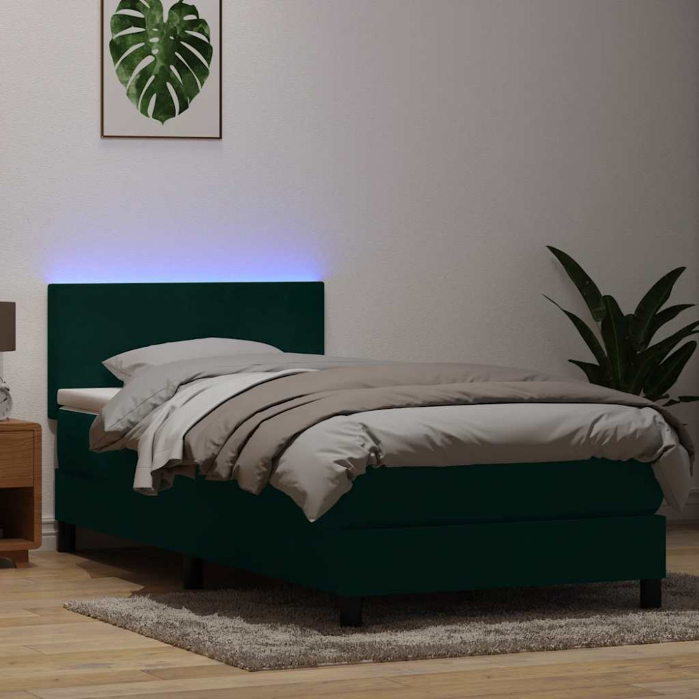 Produktbild för Resårsäng med madrass och LED mörkgrön 80x220 cm sammet