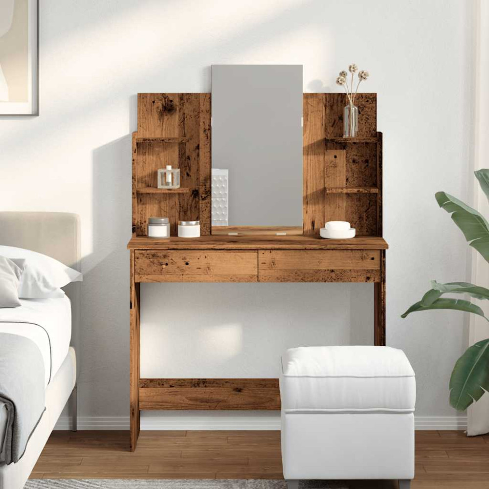 Produktbild för Sminkbord med spegel gammalt trä 96x39x142 cm