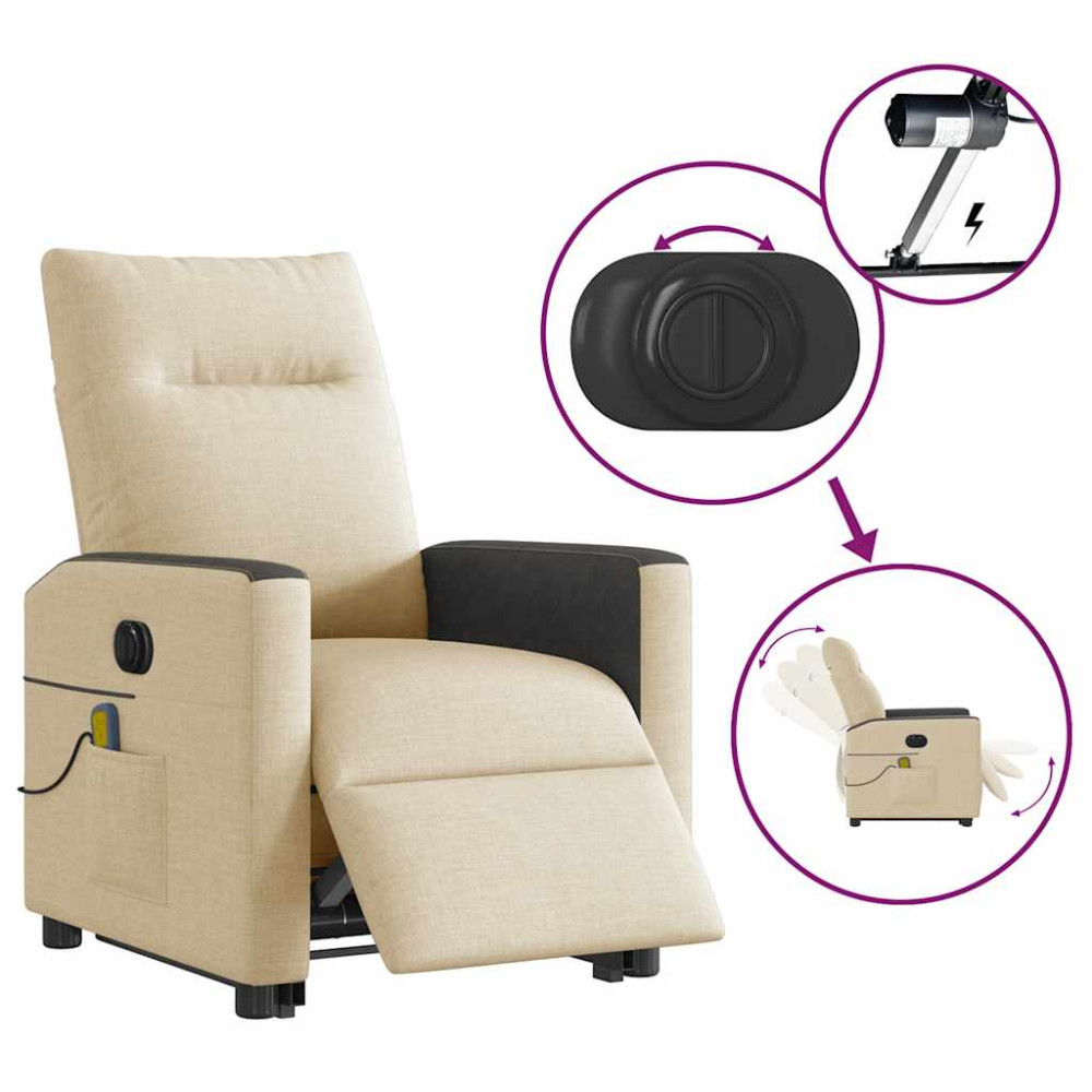 Produktbild för Elektrisk massagefåtölj med uppresningshjälp gräddvit tyg