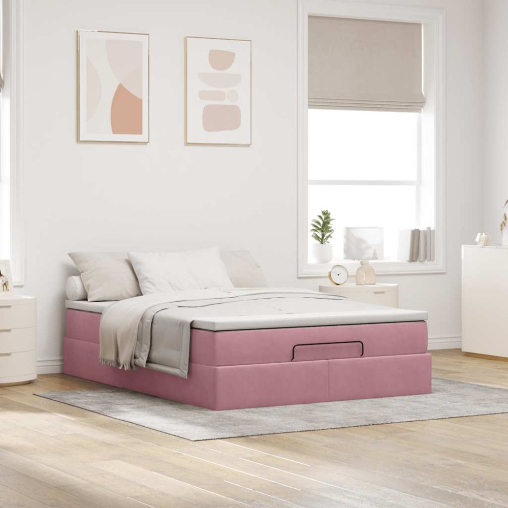 Produktbild för Ottoman sängram med madrass rosa 140x200 cm sammet