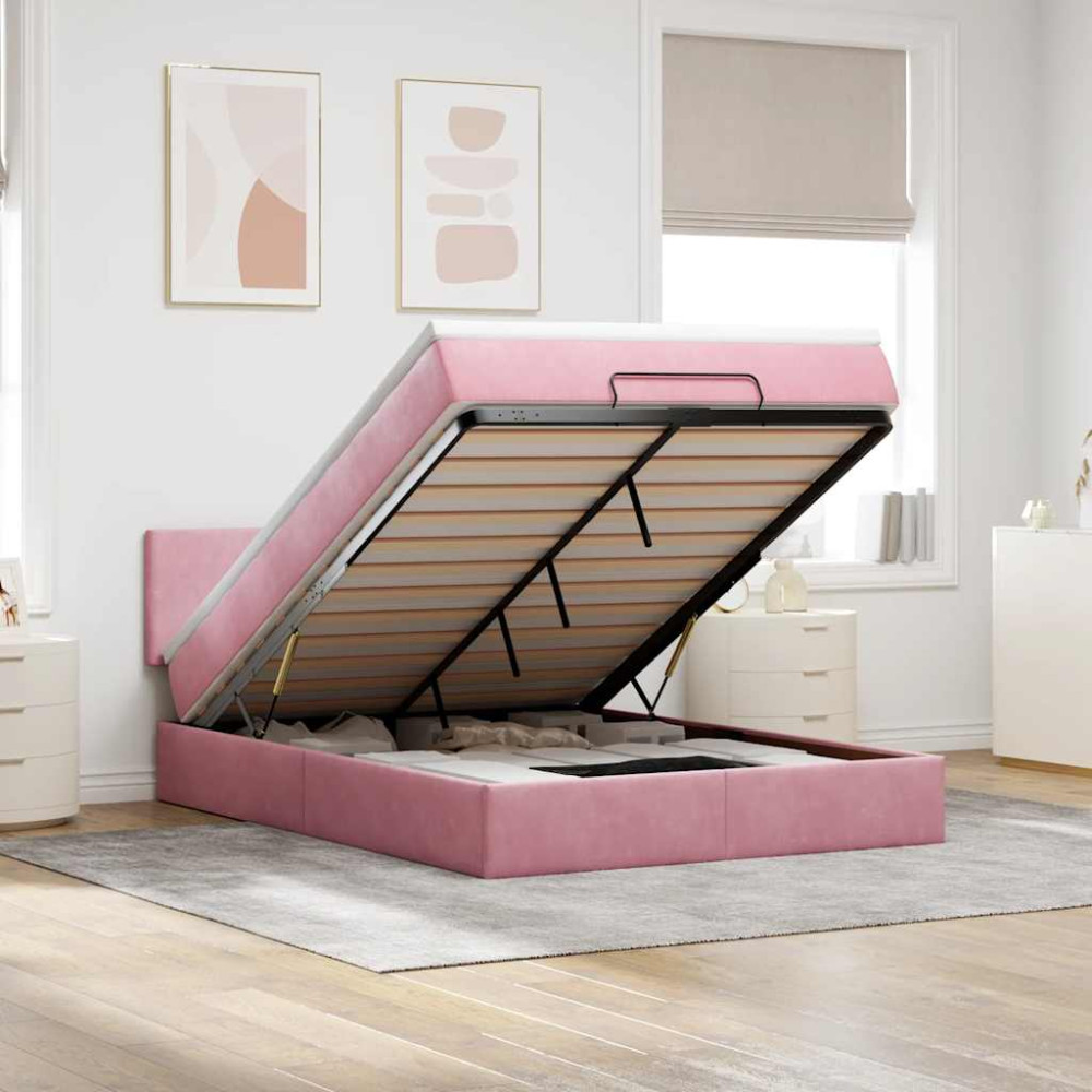 Produktbild för Ottoman sängram med madrass rosa 140x200 cm sammet